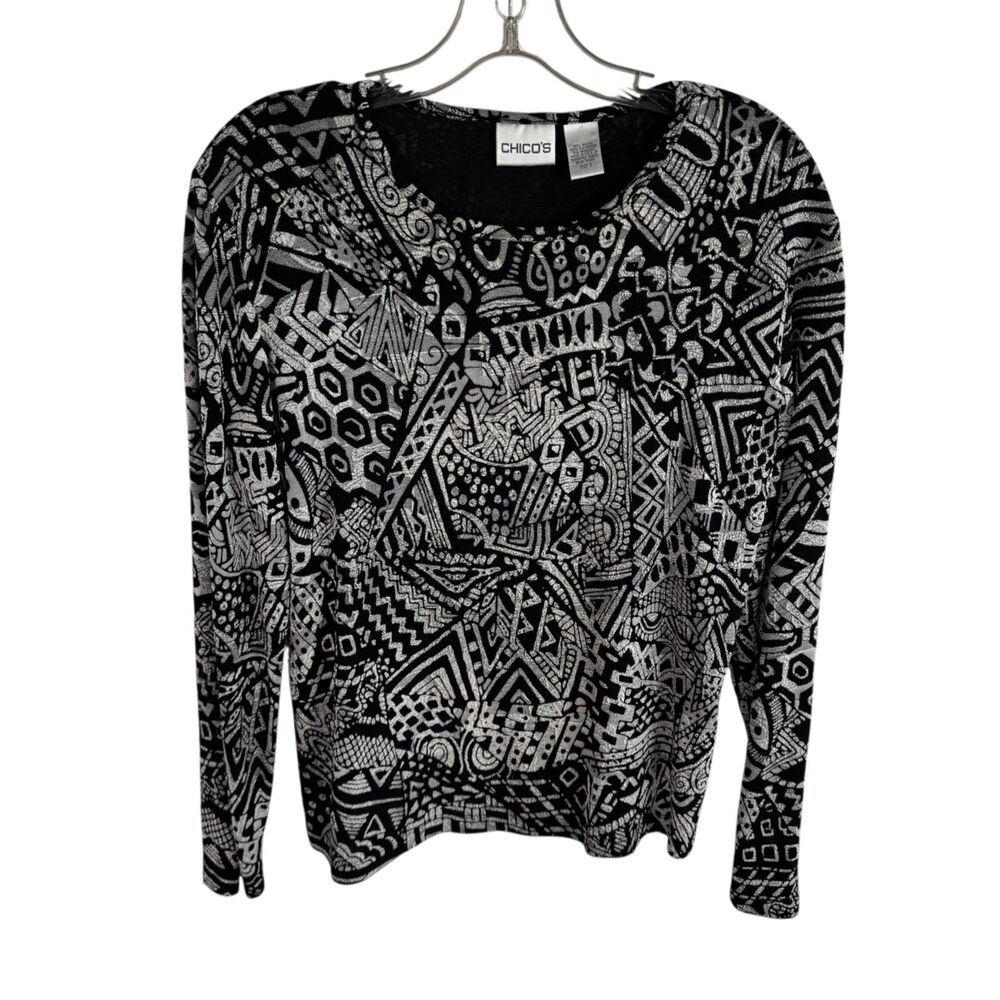 Chico's Women's Top Size 2 Large Black/White Print Long Sleeves